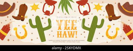 Wild West Party Banner mit Cowboy-Elementen wie Kakteen, Hüte, Stiefel, Hufeisen, Windlichtern, und Dynamit im lustigen Cartoon-Stil Stock Vektor