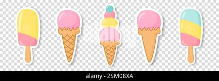 Ein Set aus fünf Eissorten in verschiedenen Formen auf transparentem Hintergrund. Das Konzept des Sommers. Stock Vektor