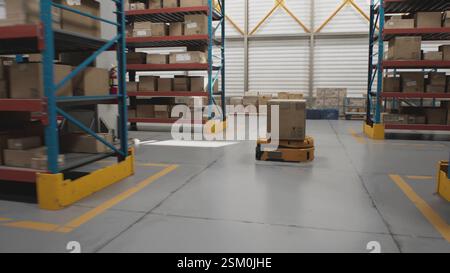 Logistics Distribution Center: Automatisierte Guided Vehicles für den Transport von Kartonagen im modernen Einzelhandelslager. AGV-Roboter, die Pakete mit Produkten und Waren transportieren und liefern. 3D Future Technology Stockfoto