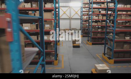 Logistics Distribution Center: Automatisierte Guided Vehicles für den Transport von Kartonagen im modernen Einzelhandelslager. AGV-Roboter, die Pakete mit Produkten und Waren transportieren und liefern. 3D Future Technology Stockfoto