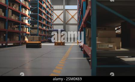 Logistics Distribution Center: Automatisierte Guided Vehicles für den Transport von Kartonagen im modernen Einzelhandelslager. AGV-Roboter, die Pakete mit Produkten und Waren transportieren und liefern. 3D Future Technology Stockfoto