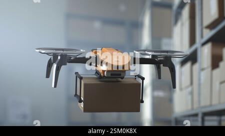 Logistics Distribution Center: UAV Drohne transportiert und liefert Karton mit Produkten und Waren. Automatisiertes Transportpaket für geführte Fahrzeuge im modernen Einzelhandelslager. 3D Future Technology. Stockfoto