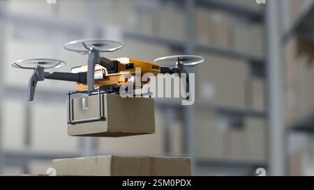 Logistics Distribution Center: UAV Drohne transportiert und liefert Karton mit Produkten und Waren. Automatisiertes Transportpaket für geführte Fahrzeuge im modernen Einzelhandelslager. 3D Future Technology. Stockfoto