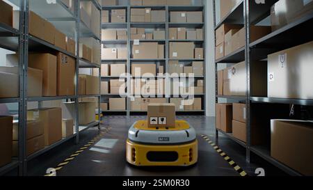 Logistics Distribution Center: Automatisierte Guided Vehicles für den Transport von Kartonagen im modernen Einzelhandelslager. AGV-Roboter, die Pakete mit Produkten und Waren transportieren und liefern. 3D Future Technology Stockfoto
