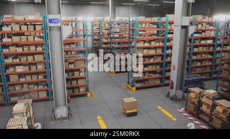 Logistics Distribution Center: Automatisierte Guided Vehicles für den Transport von Kartonagen im modernen Einzelhandelslager. AGV-Roboter, die Pakete mit Produkten und Waren transportieren und liefern. 3D Future Technology Stockfoto