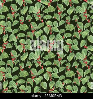 Aquarellverflechtetes nahtloses Muster der kletternden aromatischen Pfeffermastzweige auf schwarzem Hintergrund. Grüne und rote Beerensträucher mit Blättern. Gewürzgerichte Stockfoto