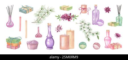 Aquarell-Spa-Zubehör für Aromatherapie, Entspannungsverfahren. Kerze, Schüssel mit Salz, Blumen, Kräuter, Flasche, Seifenriegel, Badebombe Stockfoto