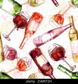 Nahtloses Muster von Weinflaschen und Gläsern. Vektor Hand gezeichnete Aquarellskizze Illustration. Liste mit alkoholischen Getränken, Bar-Menü-Design. Stoffdesign, Wickel Stock Vektor