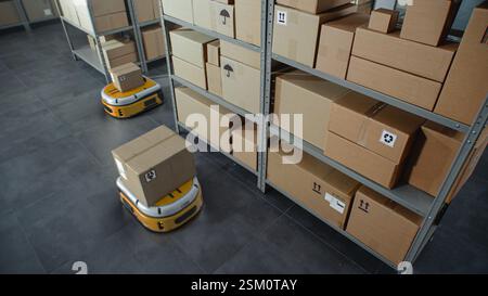 Logistics Distribution Center: Automatisierte Guided Vehicles für den Transport von Kartonagen im modernen Einzelhandelslager. AGV-Roboter, die Pakete mit Produkten und Waren transportieren und liefern. 3D Future Technology Stockfoto