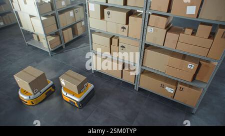 Logistics Distribution Center: Automatisierte Guided Vehicles für den Transport von Kartonagen im modernen Einzelhandelslager. AGV-Roboter, die Pakete mit Produkten und Waren transportieren und liefern. 3D Future Technology Stockfoto