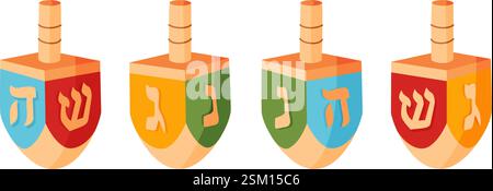 Hanukkah Dreidels handgezeichneter trendiger flacher Stil isolierter Ikone. Traditionelles jüdisches Weihnachtsspielzeug mit symbolischen Buchstaben auf vier Seiten, Spinnspiel. Vektorabbildung Stock Vektor