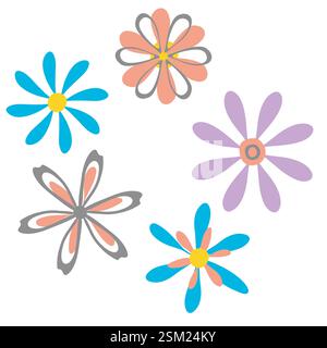 Freihand-Blume formt isolierte Elemente, Clipart-Set. Handgezeichnetes Doodle-Design im Cartoon-Stil. Niedliches Blumendesign. BLOB-Pinselstrichkontur Stock Vektor