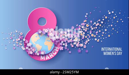 Frauentag Hintergrund mit fliegenden Blumen. Einladungskarte am 8. März. Vektorabbildung. Papierschnitt Stock Vektor