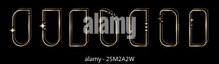 Goldenes Sternenbogenset mit Rahmen in geometrischer Form, goldene, minimalistische y2k-Rahmen von Vector auf Schwarz Stock Vektor