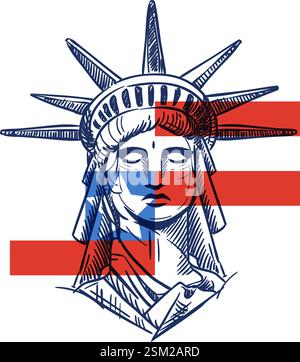 Freiheitsstatue auf transparentem Hintergrund der amerikanischen Flagge. Vektor handgezeichnete Skizze Illustration für 4. Juli Grußkarte, Druck, Banner, Poster. Stock Vektor