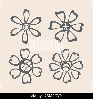 Handgezeichnetes Blumenset. Umrisssymbol mit floralem Symbol, Tusche mit kräftiger Pinselkontur, niedliches, flaches Kritzelchen-Freihand-Clipart, schwarze Silhouette, niedlich Stock Vektor
