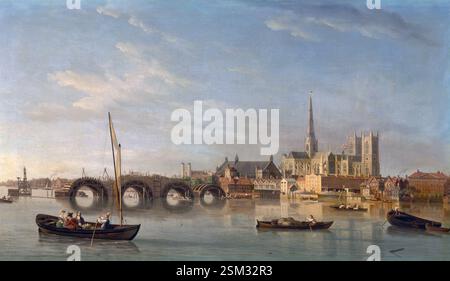 Ölgemälde auf Leinwand des Gebäudes der Westminster Bridge London im Bau durch den Künstler Samuel Scott 1742 Kunstwerk River Thames Gemälde Vintage georgianische Epoche Wanddekor Poster aus dem 18. Jahrhundert Stockfoto