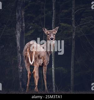 Ein Wildschwanzhirsch steht in der bewaldeten Gegend des Current River, Thunder Bay, Ontario, Kanada, und verschmilzt mit Anmut in die natürliche Wildnis. Stockfoto