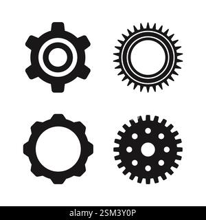 Vektor-Symbolsatz für die Gangeinstellung. Isolierter schwarzer Zahnradmechanismus und Zahnrad auf weißem Hintergrund. Fortschritt oder Baukonzept. Zahnradsymbole Stock Vektor