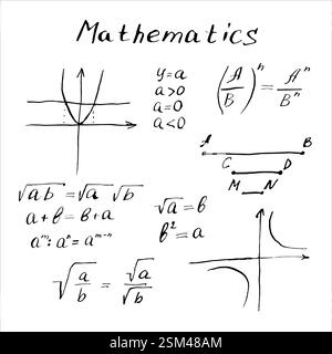 Mathematische Formeln und Diagramme. Handgezeichnete Vektor-Illustrationen mit schwarzer Tinte. Mathematische Gleichungen, geschrieben auf einer Tafel in Schwarz-weiß-Stil Stock Vektor