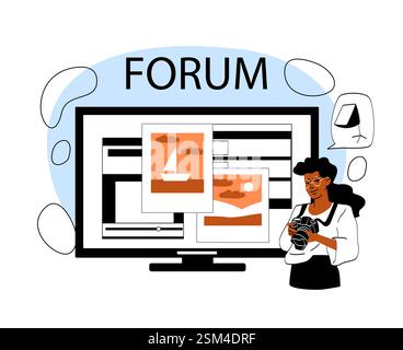 Online-Forum-Konzept mit Frauen, die Fotos teilen. Stock Vektor
