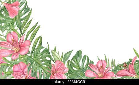 Die Monstera hinterlässt einen horizontalen Rahmen mit Kopierraum für Text. Alstroemeria und tropische Blattpflanzen Stockfoto