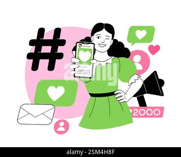 Social Media Influencer mit Smartphone und Interaktionssymbolen. Stock Vektor