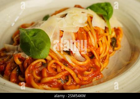 Eine wunderschön überzogene Portion Spaghetti mit reichhaltiger Tomatensauce, garniert mit frischen Basilikumblättern und geriebenem Parmesankäse. Das Gericht ist ser Stockfoto