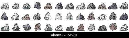 Steinsymbol. Große Sammlung von Ikonen verschiedener Steine. Mineralien-Symbole. Vektorabbildung Stock Vektor