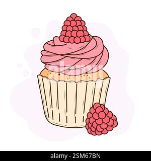 Ein Cupcake in einer beigefarbenen Verpackung mit zarter rosa Buttercreme, garniert mit frischen Himbeeren. Zwei zusätzliche Himbeeren, hellrot mit grünem Bleistift Stock Vektor