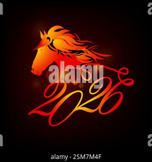 Jahr 2026 Feuerpferd. Handzeichnung. Nicht AI, Vektorillustrationen. Stock Vektor