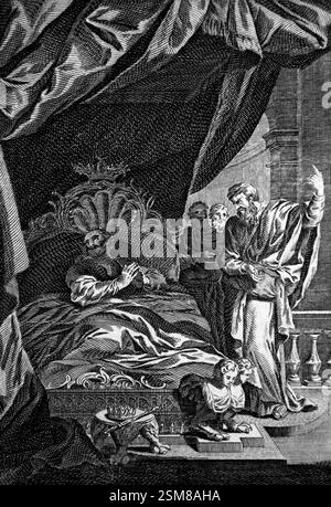 Kupferstich von Jesaja, die Hiskiah zur Vorbereitung auf den Tod (Könige) aus dem Antike 1780 die Familienbibel von Reverend Dr Southwell (The Univer) Stockfoto