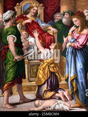 Illustration des Urteils Salomos - zwei Mütter, die im selben Haus lebten, hatten jeweils ein Kind, eines war gestorben und jede Mutter argumentierte, dass sie leben würde Stockfoto