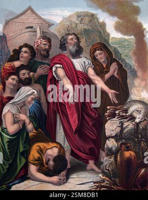 Und Noah baute dem Herrn ein Alter und nahm jedes saubere Tier und jedes saubere Geflügel ab und opferte Brandopfer Stockfoto
