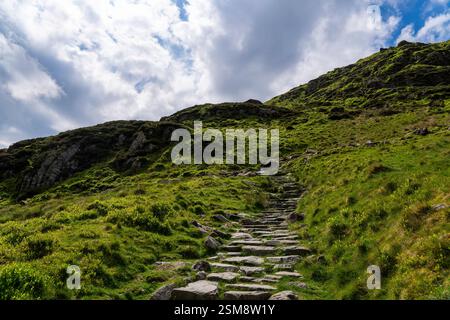 Der historische Minffordd-Pfad führt Sie in Richtung Penygader (Cadair Idris) durch grüne Hänge und dramatischen Himmel im Snowdonia-Nationalpark Stockfoto