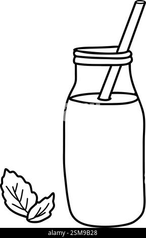 Smoothie oder Detox-Cocktail in der Flasche mit Strohhalm. Gesundes Getränk Vektor-Illustration im Doodle-Stil isoliert auf einem Hintergrund. Schwarz-weiß Stock Vektor