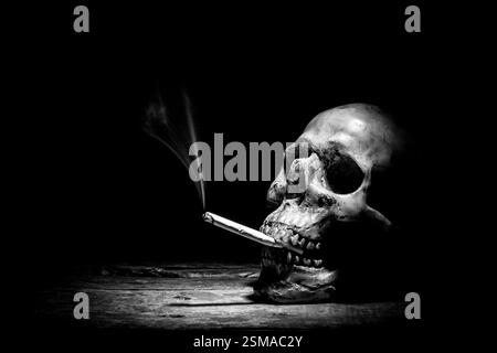 Stillleben mit menschlichem Schädel und Zigarettenleuten rauchen Zigarettenkonzept, Schwarz und weiß Stockfoto