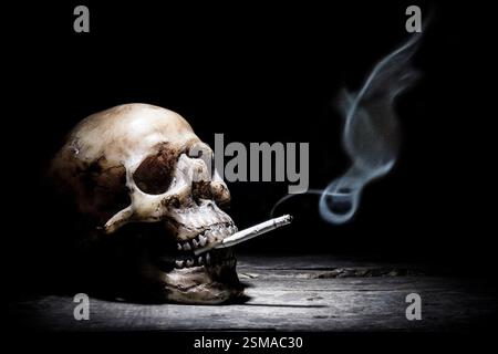 Stillleben mit menschlichem Schädel und Zigarettenleuten rauchen Zigarettenkonzept Stockfoto