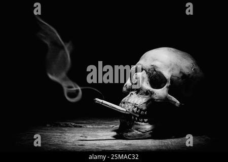 Stillleben mit menschlichem Schädel und Zigarettenleuten rauchen Zigarettenkonzept, Schwarz und weiß Stockfoto