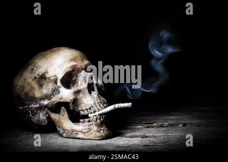 Stillleben mit menschlichem Schädel und Zigarettenleuten rauchen Zigarettenkonzept Stockfoto