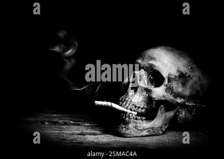 Stillleben mit menschlichem Schädel und Zigarettenleuten rauchen Zigarettenkonzept, Schwarz und weiß Stockfoto