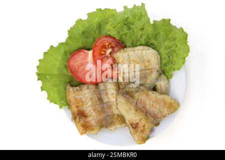 Fisch gegrillt, zwei Scheiben rote Tomaten, Salat auf einem Teller isoliert auf weißem Hintergrund, Russland, Europa Stockfoto