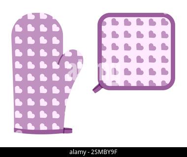 Backofen Handschuhe Handschuh und Topfhalter Cartoon lila Herzmuster Mode Hand Accessoire Kleidung technische Illustration Kleid. Vektor-Vorderhandfläche Rückansicht für Männer, Frauen, Unisex-Stil flache Vorlage CAD Stock Vektor