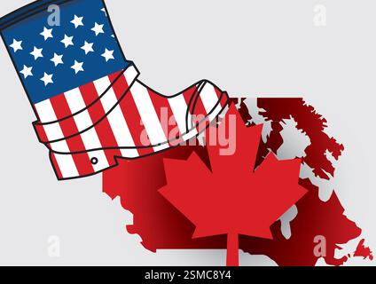 Cowboystiefel im amerikanischen Stil, der versucht, auf kanadischen Stolz zu treten. MAGA-Ergebnis Stockfoto