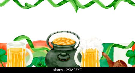 Eine lebhafte festliche Szene mit überquellenden Bierbechern, einem dampfenden Topf und lebhaftem Grün für fröhliche Feiern. Nahtloser horizontaler Rand mit Aquarellfarben auf weißem Hintergrund zur Erstellung von Urlaubsprodukten. Stockfoto