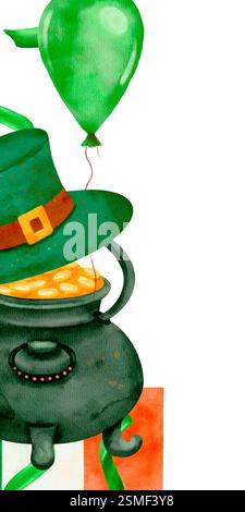 Eine skurrile Illustration mit Kessel, Kobold Hut und festlichen Ballons zum St. Patrick's Day. Isolierte Aquarellgrafik auf weißem Hintergrund für verschiedene Designs und Drucke. Stockfoto