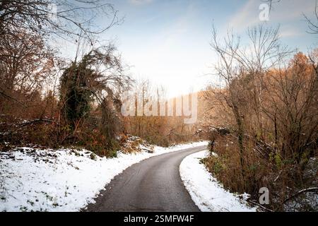 Eine kurvenreiche Straße führt durch eine schneebedeckte Landschaft und zeigt die Herausforderungen im Winter und die malerische Aussicht in Serbien. Stockfoto