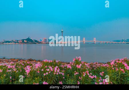 Nächtlicher Blick auf Macau über Zhuhai Stockfoto