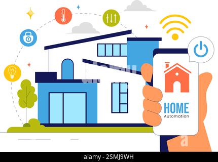 Vektor-Illustration für die Heimautomatisierung mit einem Smart Home, das über ein Smartphone gesteuert wird, und einem integrierten System elektronischer Geräte im Hintergrund Stock Vektor