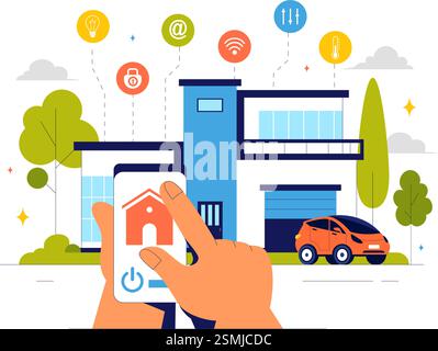 Vektor-Illustration für die Heimautomatisierung mit einem Smart Home, das über ein Smartphone gesteuert wird, und einem integrierten System elektronischer Geräte im Hintergrund Stock Vektor